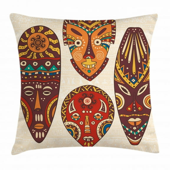 Tiki Bar Decor Throw Pillow Cushion Cover, Decorative Mask Designs African Aborigine Art Patterns Cultural Ethnic Print, Decorative Square Accent Pillow Case, 18 X 18 Inches, Multicolor, by Ambesonne