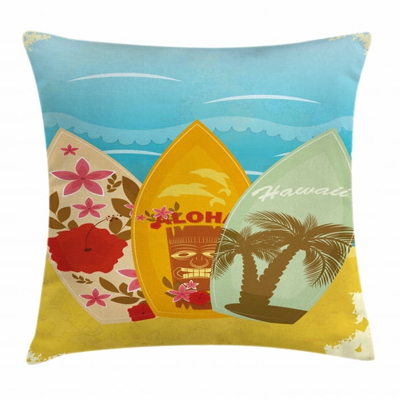 Tiki Bar Decor Throw Pillow Cushion Cover, Hawaiian Beach Surfboards on Sand Exotic Summer Vacation Sport Vintage Style, Decorative Square Accent Pillow Case, 24 X 24 Inches, Multicolor, by Ambesonne