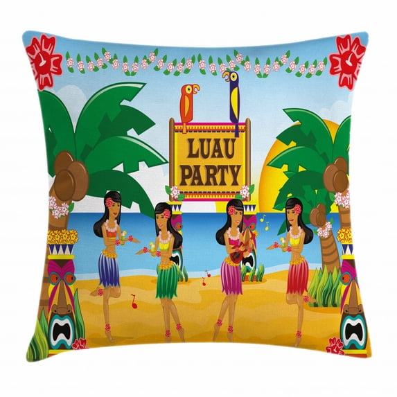 Tiki Bar Decor Throw Pillow Cushion Cover, Hawaiian Luau Party in Cartoon Style Dancers on Beach Festive Tradition, Decorative Square Accent Pillow Case, 18 X 18 Inches, Multicolor, by Ambesonne