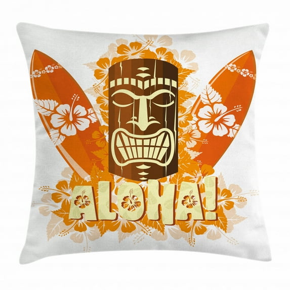 Tiki Bar Decor Throw Pillow Cushion Cover, Hibiscus Flora Burst Orange Surfboards Aloha Tropical Summer, Decorative Square Accent Pillow Case, 20 X 20 Inches, Orange Brown Light Yellow, by Ambesonne