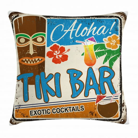 Tiki Bar Decor Throw Pillow Cushion Cover, Rusty Vintage Sign Aloha Exotic Cocktails Coconut Drink Antique Nostalgic, Decorative Square Accent Pillow Case, 16 X 16 Inches, Multicolor, by Ambesonne