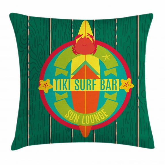 Tiki Bar Decor Throw Pillow Cushion Cover, Tiki Surf Bar Sun Lounge Holiday Vacation Theme Surfboard Crab Starfishes, Decorative Square Accent Pillow Case, 20 X 20 Inches, Multicolor, by Ambesonne