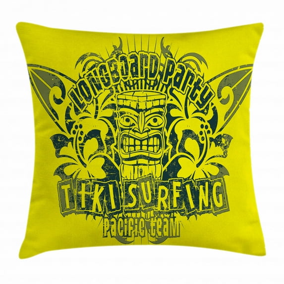 Tiki Bar Decor Throw Pillow Cushion Cover, Tiki Surf Team Longboard Party Grungy Display Hibiscus Flora Art, Decorative Square Accent Pillow Case, 16 X 16 Inches, Apple Green Dark Green, by Ambesonne