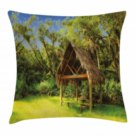 Tiki Bar Decor Throw Pillow Cushion Cover, Tiki Hut in Dreamy Fantasy Forest Tropical Island Wildlife Greenery, Decorative Square Accent Pillow Case, 24 X 24 Inches, Green Blue Brown, by Ambesonne