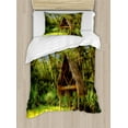 thumbnail image 1 of Tiki Bar Duvet Cover Set, Tiki Hut in Dreamy Fantasy Forest Tropical Island Wildlife Greenery Art, Decorative 2 Piece Bedding Set with 1 Pillow Shams, Twin Size, Green Blue Brown, by Ambesonne, 1 of 3
