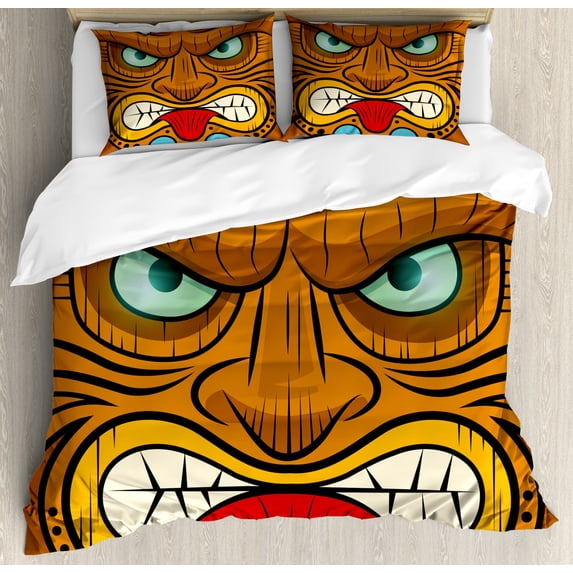 Tiki Bar Duvet Cover Set King Size, Cartoon Style Angry Looking Tiki Warrior Mask Colorful Icon Totem Culture Print, Decorative 3 Piece Bedding Set with 2 Pillow Shams, Multicolor, by Ambesonne