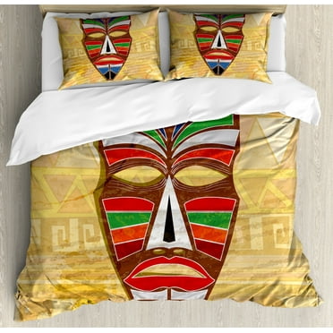 Tiki Bar Duvet Cover Set King Size, Colorful Vivid Ethnic Mask on Vintage Style Backdrop Geometric Tribal Primitive, Decorative 3 Piece Bedding Set with 2 Pillow Shams, Multicolor, by Ambesonne