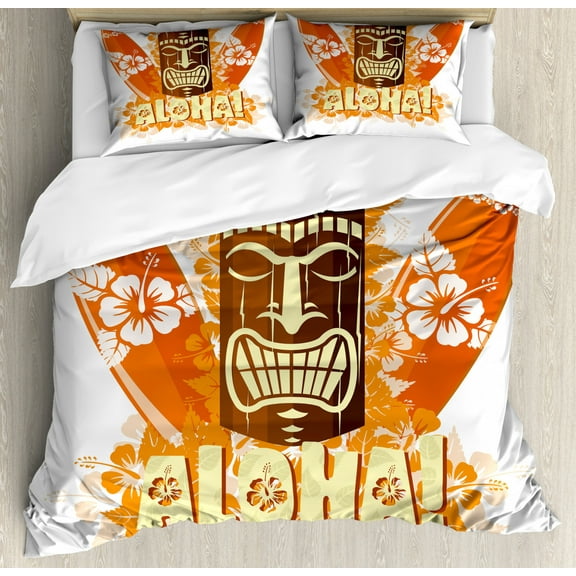 Tiki Bar Duvet Cover Set King Size, Hibiscus Flora Burst Orange Surfboards Aloha Tropical Summer Season, Decorative 3 Piece Bedding Set with 2 Pillow Shams, Orange Brown Pale Yellow, by Ambesonne