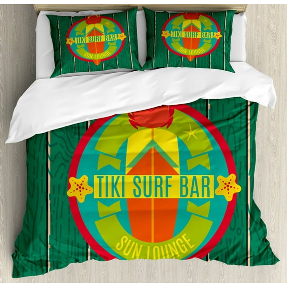 Tiki Bar Duvet Cover Set King Size, Tiki Surf Bar Sun Lounge Holiday Vacation Theme Surfboard Crab Starfishes Print, Decorative 3 Piece Bedding Set with 2 Pillow Shams, Multicolor, by Ambesonne