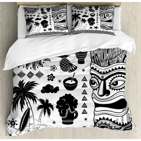 Tiki Bar Duvet Cover Set King Size, Tribal and Ethnic Composition Palms Pineapple Paradise Vintage Ancient Figure, Decorative 3 Piece Bedding Set with 2 Pillow Shams, Black White, by Ambesonne
