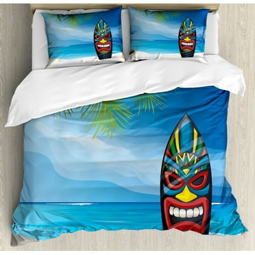 Tiki Bar Duvet Cover Set King Size, Tiki Warrior Mask Design Surfboard on Ocean Beach Abstract Landscape Surf Print, Decorative 3 Piece Bedding Set with 2 Pillow Shams, Multicolor, by Ambesonne