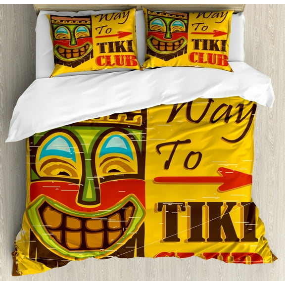 Tiki Bar Duvet Cover Set King Size, Way to Tiki Club Vintage Poster Design Retro Grunge Polynesian Exotic Retro Print, Decorative 3 Piece Bedding Set with 2 Pillow Shams, Multicolor, by Ambesonne