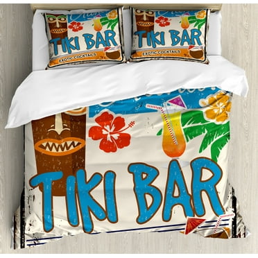 Tiki Bar Duvet Cover Set Queen Size, Rusty Vintage Sign Aloha Exotic Cocktails and Coconut Drink Antique Nostalgic, Decorative 3 Piece Bedding Set with 2 Pillow Shams, Multicolor, by Ambesonne