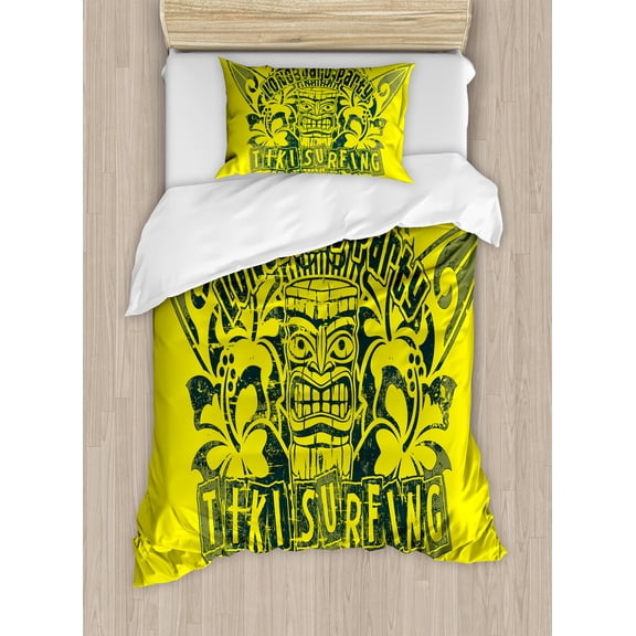 Tiki Bar Duvet Cover Set, Tiki Surf Team Longboard Party Grungy Display Hibiscus Flora Hawaiian, Decorative 2 Piece Bedding Set with 1 Pillow Shams, Twin Size, Apple Green Dark Green, by Ambesonne