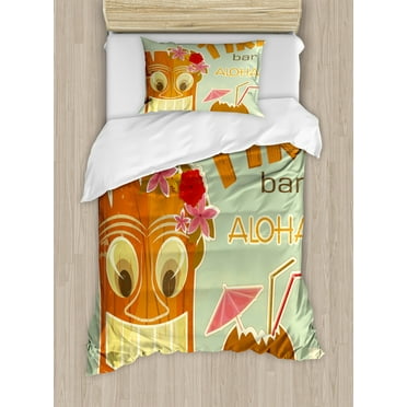 Tiki Bar Duvet Cover Set Twin Size, Invitation to Tiki Bar Old Fashion Display Coconut Drink Mask and Flowers Print, Decorative 2 Piece Bedding Set with 1 Pillow Sham, Multicolor, by Ambesonne