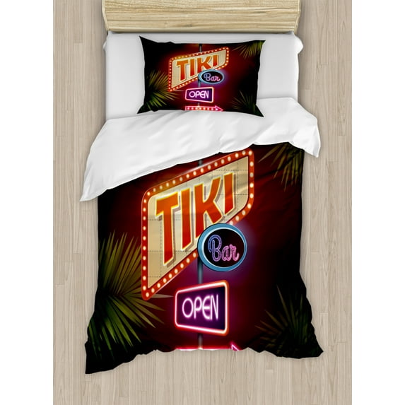 Tiki Bar Duvet Cover Set Twin Size, Old Fashioned Neon Signs Illustration of Open Bar Palm Tree Branches Roadside, Decorative 2 Piece Bedding Set with 1 Pillow Sham, Multicolor, by Ambesonne
