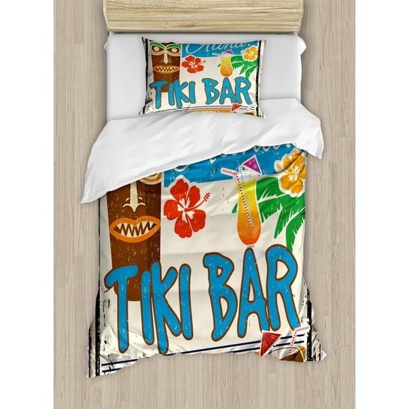 Tiki Bar Duvet Cover Set Twin Size, Rusty Vintage Sign Aloha Exotic Cocktails and Coconut Drink Antique Nostalgic, Decorative 2 Piece Bedding Set with 1 Pillow Sham, Multicolor, by Ambesonne
