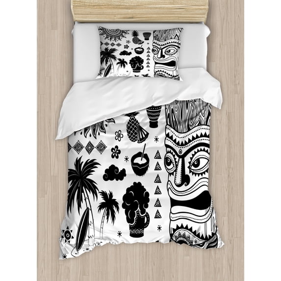 Tiki Bar Duvet Cover Set Twin Size, Tribal and Ethnic Composition Palms Pineapple Paradise Vintage Ancient Figure, Decorative 2 Piece Bedding Set with 1 Pillow Sham, Black White, by Ambesonne