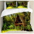 thumbnail image 1 of Tiki Bar Duvet Cover Sets, Tiki Hut in Dreamy Fantasy Forest Tropical Island Wildlife Greenery Art, Bedding Set with 2 Duvet Covers & 4 Pillowcases, 2 Pack King Size, Green Blue Brown, by Ambesonne, 1 of 2