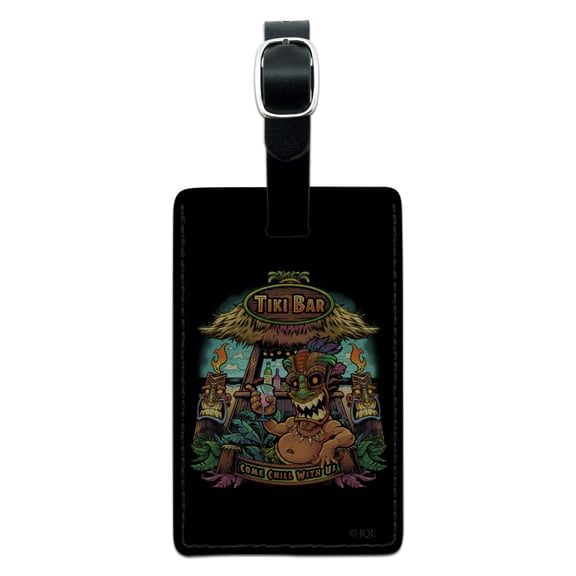 Tiki Bar Island Beach Drinking Tropical Rectangle Leather Luggage Card Suitcase Carry-On ID Tag