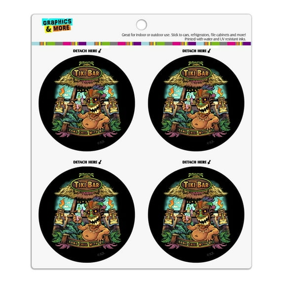 Tiki Bar Island Beach Drinking Tropical Refrigerator Fridge Locker Vinyl Circle Magnet Set