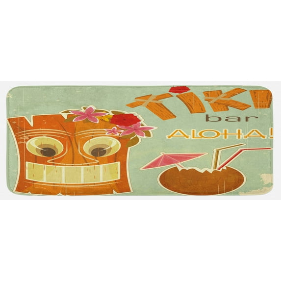 Tiki Bar Kitchen Mat, Invitation to Tiki Bar Old Fashion Display Coconut Drink and Flowers Print, Plush Decorative Kitchen Mat with Non Slip Backing, 47" X 19", Multicolor, by Ambesonne