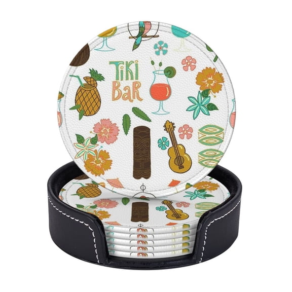 Tiki Bar Lounge Leather Coasters With Leather Holder Set Of 6 Round Coasters for Home and Kitchen Decor