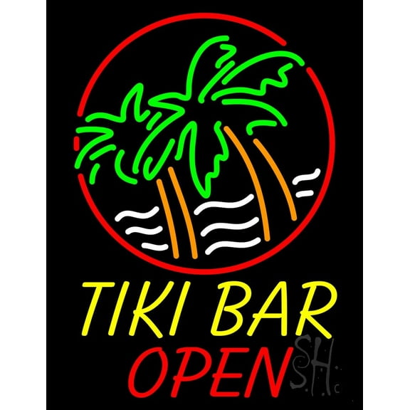 Tiki Bar Open LED Neon Sign 24 x 31 - inches, Clear Edge Cut Acrylic Backing, with Dimmer - Bright and Premium built indoor LED Neon Sign for Bar decor.