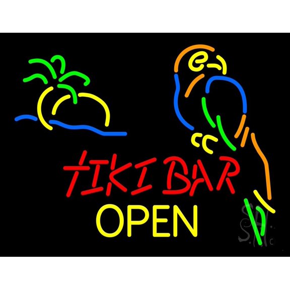 Tiki Bar Open LED Neon Sign 24 x 31 - inches, Clear Edge Cut Acrylic Backing, with Dimmer - Bright and Premium built indoor LED Neon Sign for Bar decor.