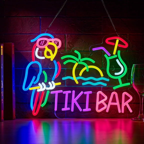 Tiki Bar Parrot Neon Light Sign for Wall Décor Hawaii Pool Tiki Bar Party Dimmable Switch LED Lights with USB Powered for Man Cave Decor Gift,Neon Parrot Palm Tree Cocktails Signs