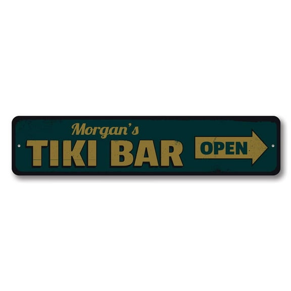 Tiki Bar Sign, Tiki Bar Arrow Sign, Open Sign, Beach Bar Sign, Custom Bar Sign, Bar Name Aluminum Sign - 4x18 inches