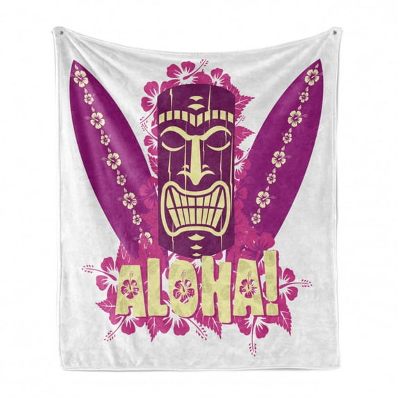 Tiki Bar Soft Flannel Fleece Throw Blanket, Tiki Culture Surfboards Hibiscus Hand Drawn Aloha Art, Cozy Plush for Indoor and Outdoor Use, 60" x 80", Pale Yellow Hot Pink, by Ambesonne