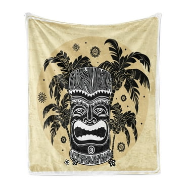 Tiki Bar Soft Flannel Fleece Throw Blanket, Hawaii Tiki Palm Trees Ornate Flowers Sunny Summer Party Print, Cozy Plush for Indoor and Outdoor Use, 50" x 70", Brown White Yellow, by Ambesonne