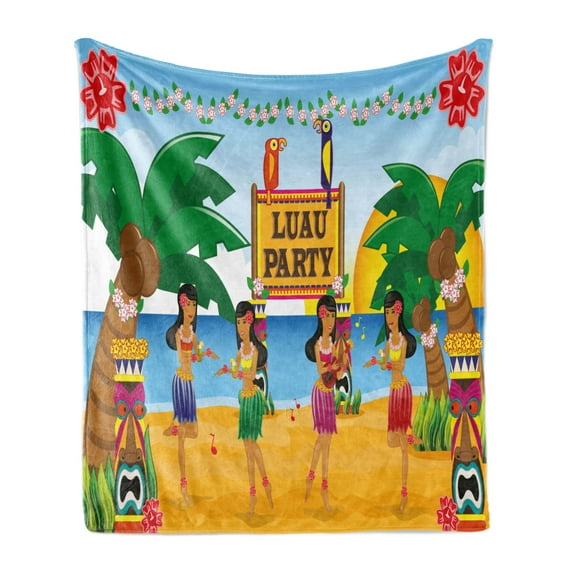 Tiki Bar Soft Flannel Fleece Throw Blanket, Hawaiian Luau Party in Funny Cartoon Style Dancers on Beach Tradition, Cozy Plush for Indoor and Outdoor Use, 60" x 80", Multicolor, by Ambesonne