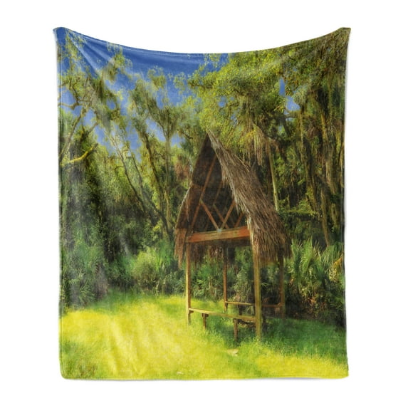 Tiki Bar Soft Flannel Fleece Throw Blanket, Tiki Hut in Dreamy Fantasy Forest Tropical Island Wildlife Greenery Art, Cozy Plush for Indoor and Outdoor Use, 50" x 70", Green Blue Brown, by Ambesonne