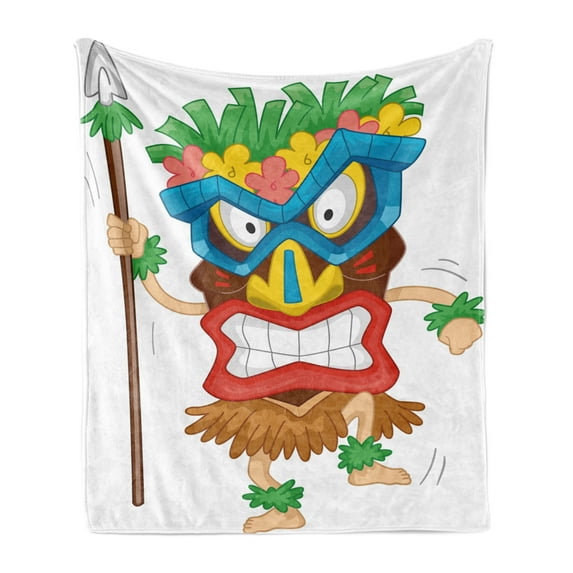 Tiki Bar Soft Flannel Fleece Throw Blanket, Native Man Wearing a Illustration Cartoon Tribal Costume Prehistoric, Cozy Plush for Indoor and Outdoor Use, 60" x 80", Multicolor, by Ambesonne