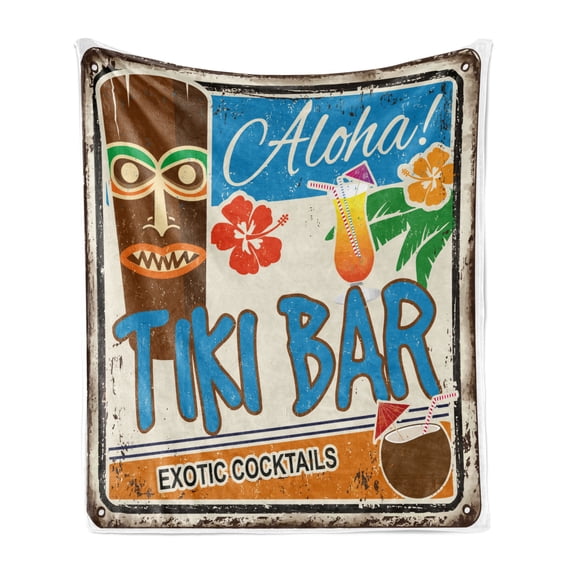 Tiki Bar Soft Flannel Fleece Throw Blanket, Rusty Vintage Sign Aloha Exotic Cocktails and Coconut Drink Antique Nostalgic, Cozy Plush for Indoor and Outdoor Use, 70" x 90", Multicolor, by Ambesonne