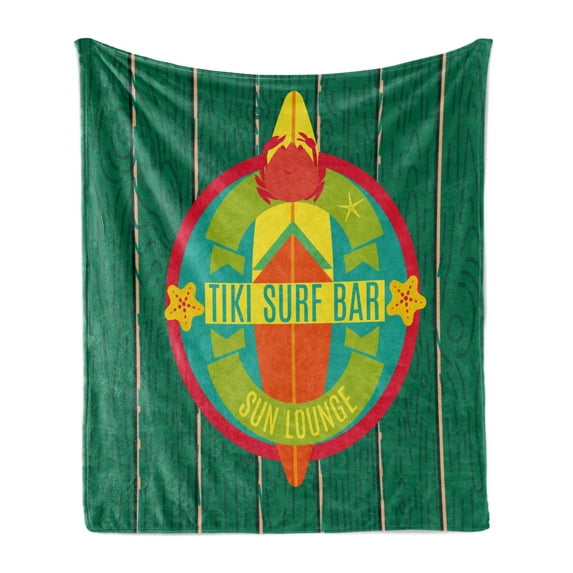 Tiki Bar Soft Flannel Fleece Throw Blanket, Tiki Surf Bar Sun Lounge Holiday Vacation Theme Surfboard Crab Starfishes Print, Cozy Plush for Indoor and Outdoor Use, 60" x 80", Multicolor, by Ambesonne