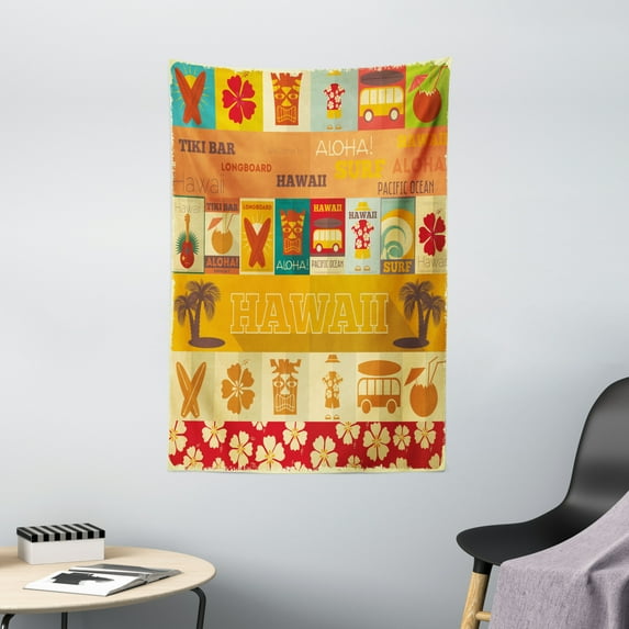 Tiki Bar Tapestry, Retro Travel Cards Pattern Holiday in Hawaii Icons Summer Season Vintage Print, Wall Hanging for Bedroom Living Room Dorm Decor, 40W X 60L Inches, Multicolor, by Ambesonne