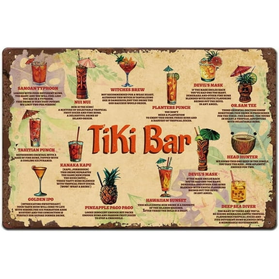 Tiki Bar Tin Sign Summer Cocktail Metal Tin Signs Vintage Iron Signs Funny Wall Art Poster Metal Plaque for Bar Restaurant Kitchen Summer Party Decoration