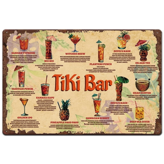 Tiki Bar Tin Sign Summer Cocktail Metal Tin Signs Vintage Iron Signs Funny Wall Art Poster Metal Plaque for Bar Restaurant Kitchen Summer Party