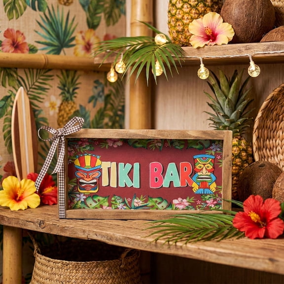 Tiki Bar Wooden Wall Sign, 11.8"x5.9" Rustic Tropical Hawaiian Luau Decor, Aloha Beach Party Plaque for Home Bar Kitchen Cafe Pub Wall Decoration