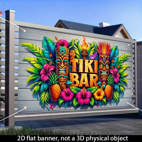 Tiki Bar totem-themed banner, indoor and outdoor party decoration background cloth, 71x43 inches, festival wall flag hanging, hibiscus flower and pineapple torch design, suitable for family and vario