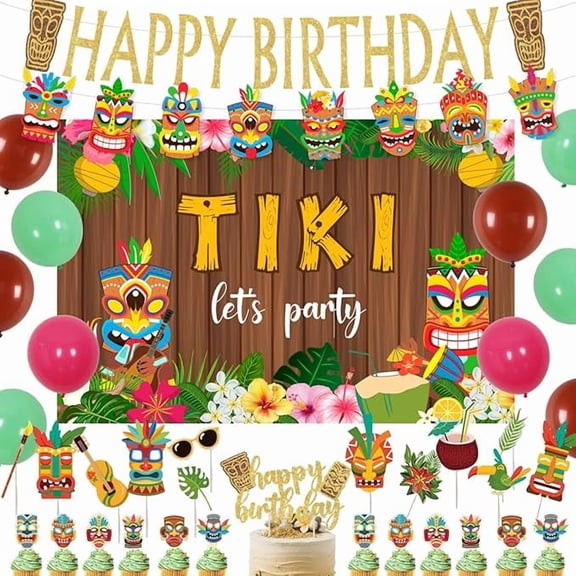 Tiki Birthday Party Decorations Tiki backdrop Tiki Theme Party Supplies Hawaiian Aloha Luau Party Decorations Tropical Summer Hawaiian Tiki Theme Birthday Banner Garland Photo Booth Props Cake Topper