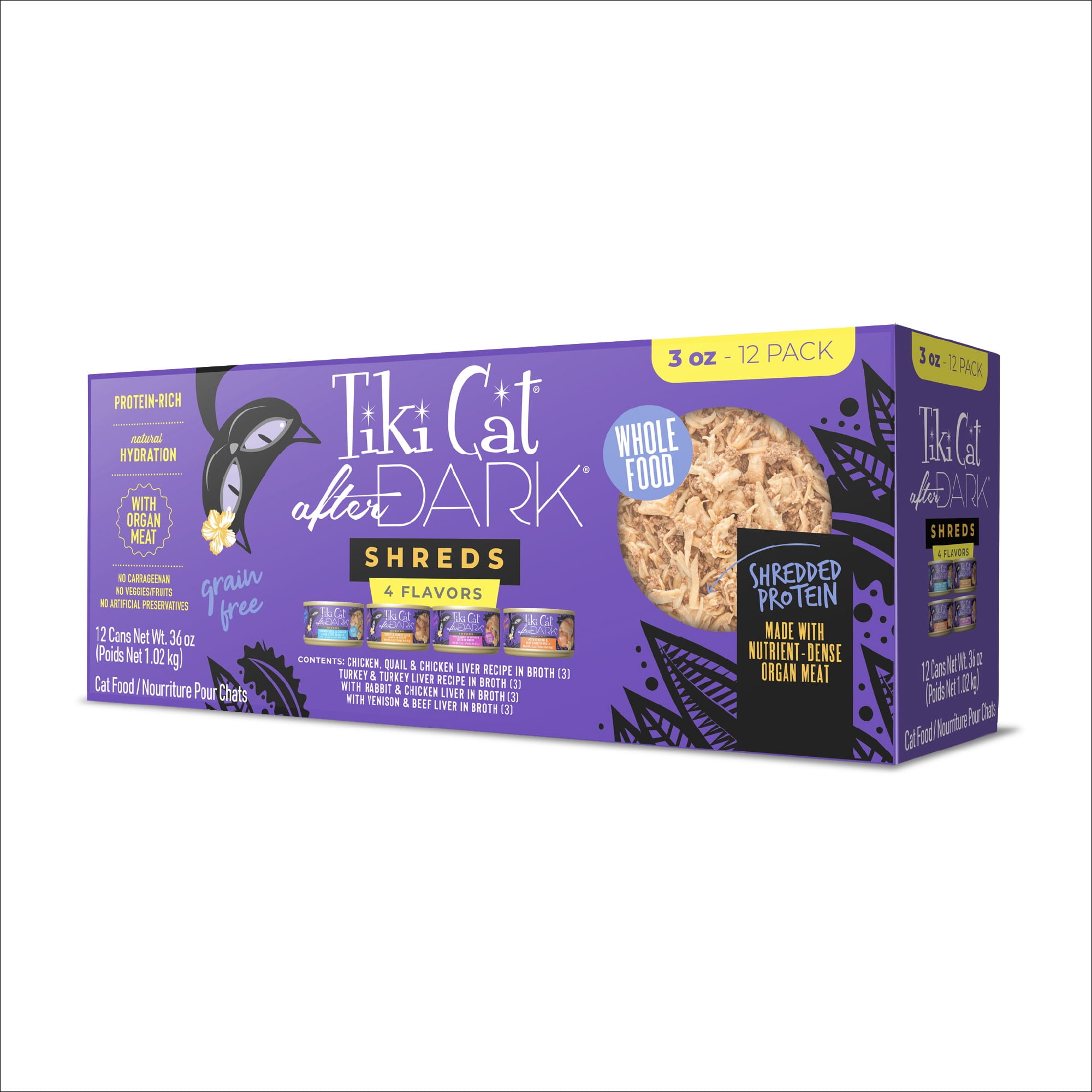 Tiki Cat After Dark Shreds Whole Foods Wet Cat Food, Variety Pack, 3 oz. Can (12 Count)
