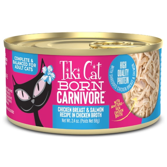 Tiki Cat Born Carnivore Wet Cat Food, Chicken Breast & Salmon Recipe in Broth, 2.4 oz. Can