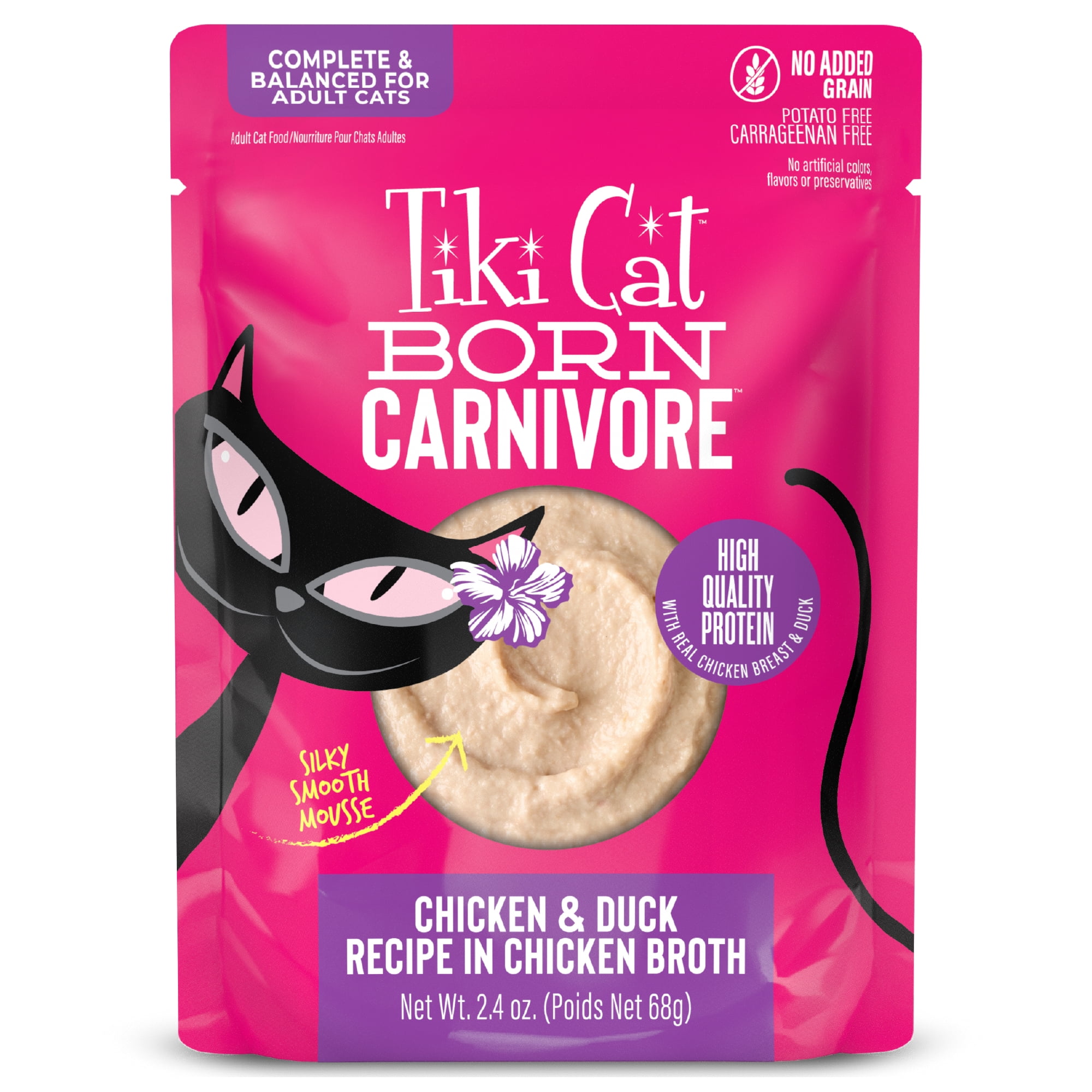 Tiki Cat Born Carnivore Wet Cat Food, Mousse, Chicken & Duck Recipe in Broth, 2.4 oz. Pouch