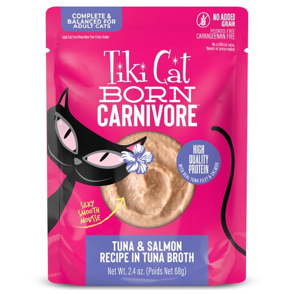 Tiki Cat Born Carnivore Wet Cat Food, Mousse, Tuna & Salmon Recipe in Tuna Broth, 2.4 oz. Pouch