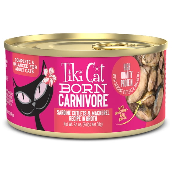 Tiki Cat Born Carnivore Wet Cat Food, Sardine Cutlets & Mackerel Recipe in Broth, 2.4 oz. Can
