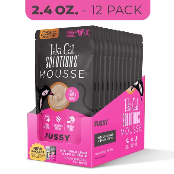 Tiki Cat Solutions Mousse, Fussy, With Duck Liver & Egg in Broth Cat Food, 2.4 oz., Case of 12